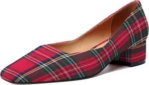 JUSTDANNI Red Plaid Womens Slip On Dress Stylish Wedding Square Toe Block Low Heel Pumps Shoes 1.5 Inch Size 8.5