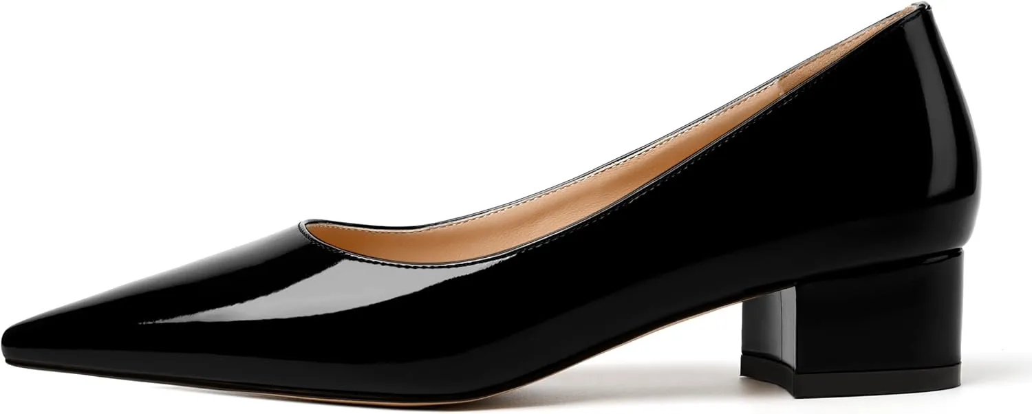 JUSTDANNI Womens Business Pointed Toe Stylish Patent Formal Slip On Chunky Low Heel Pumps Shoes 1.5 Inch