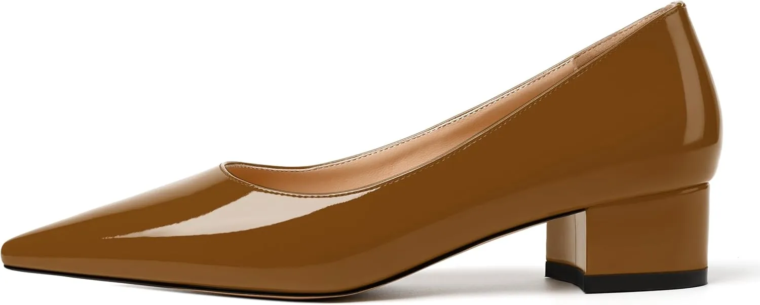 JUSTDANNI Womens Business Pointed Toe Stylish Patent Formal Slip On Chunky Low Heel Pumps Shoes 1.5 Inch