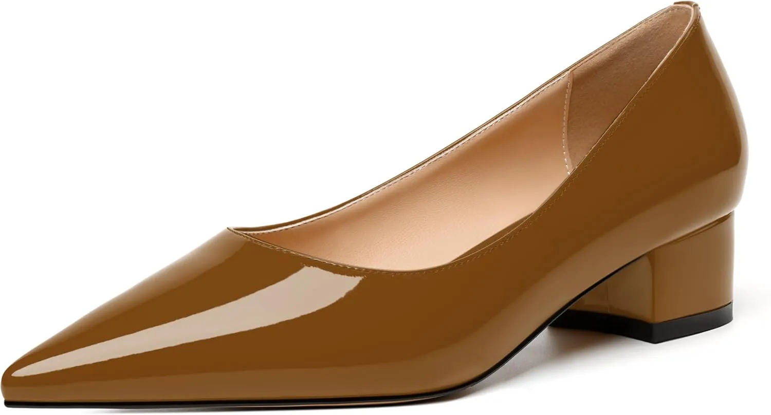 JUSTDANNI Womens Business Pointed Toe Stylish Patent Formal Slip On Chunky Low Heel Pumps Shoes 1.5 Inch