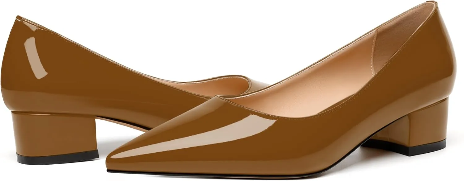 JUSTDANNI Womens Business Pointed Toe Stylish Patent Formal Slip On Chunky Low Heel Pumps Shoes 1.5 Inch