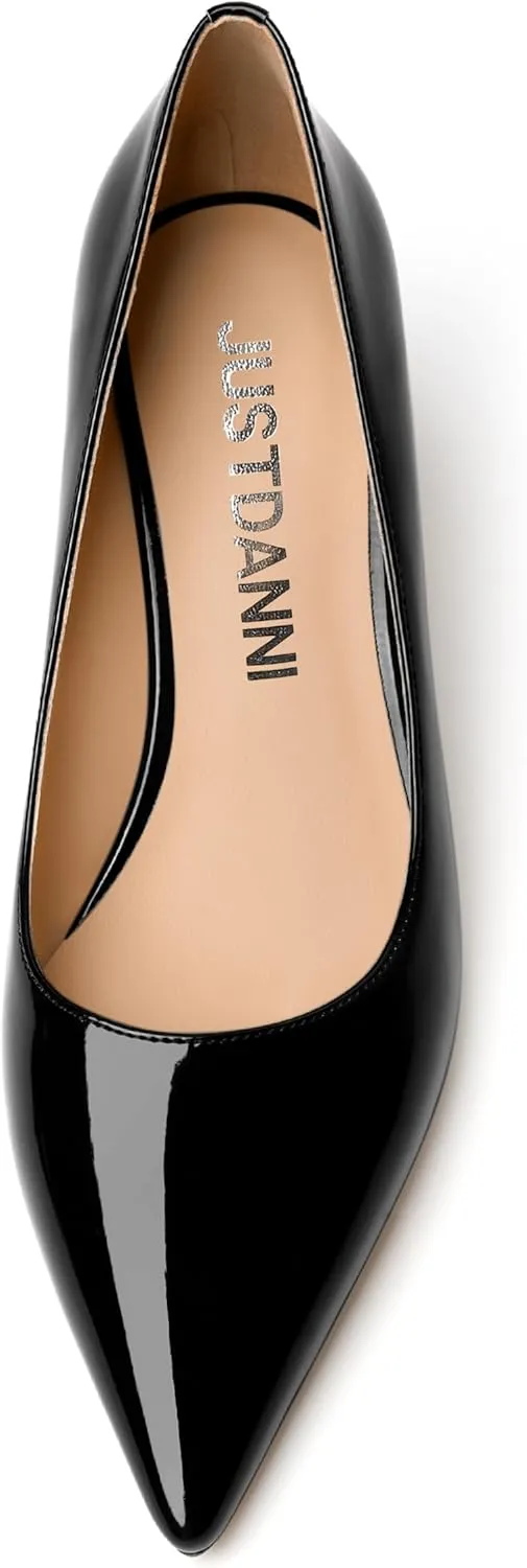 JUSTDANNI Womens Business Pointed Toe Stylish Patent Formal Slip On Chunky Low Heel Pumps Shoes 1.5 Inch