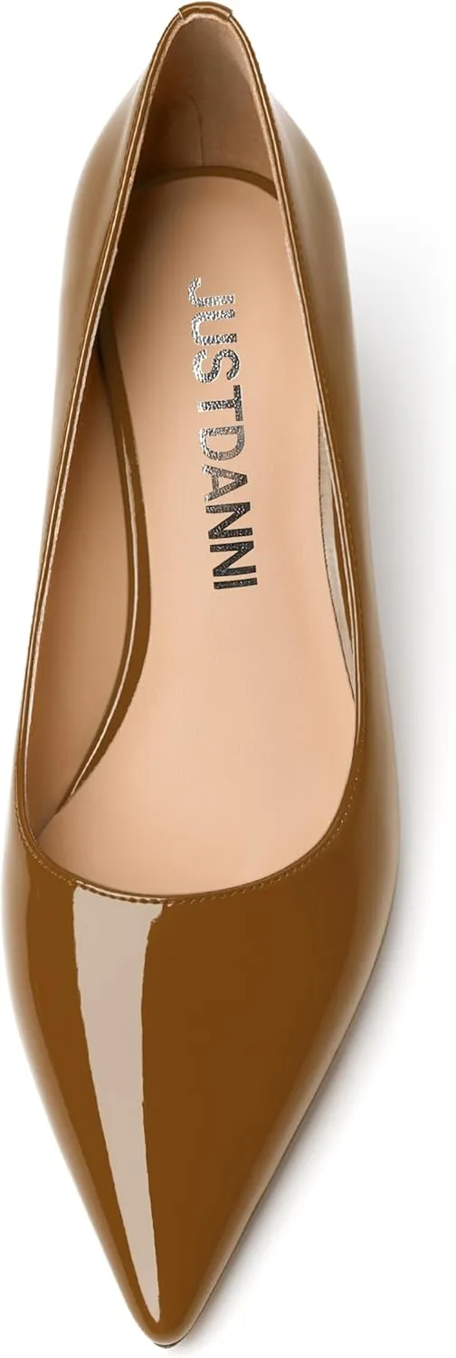 JUSTDANNI Womens Business Pointed Toe Stylish Patent Formal Slip On Chunky Low Heel Pumps Shoes 1.5 Inch