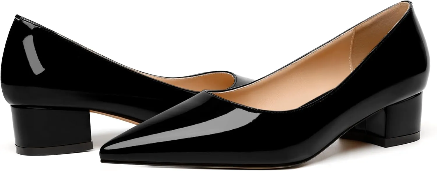 JUSTDANNI Womens Business Pointed Toe Stylish Patent Formal Slip On Chunky Low Heel Pumps Shoes 1.5 Inch