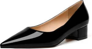 JUSTDANNI Womens Business Pointed Toe Stylish Patent Formal Slip On Chunky Low Heel Pumps Shoes 1.5 Inch