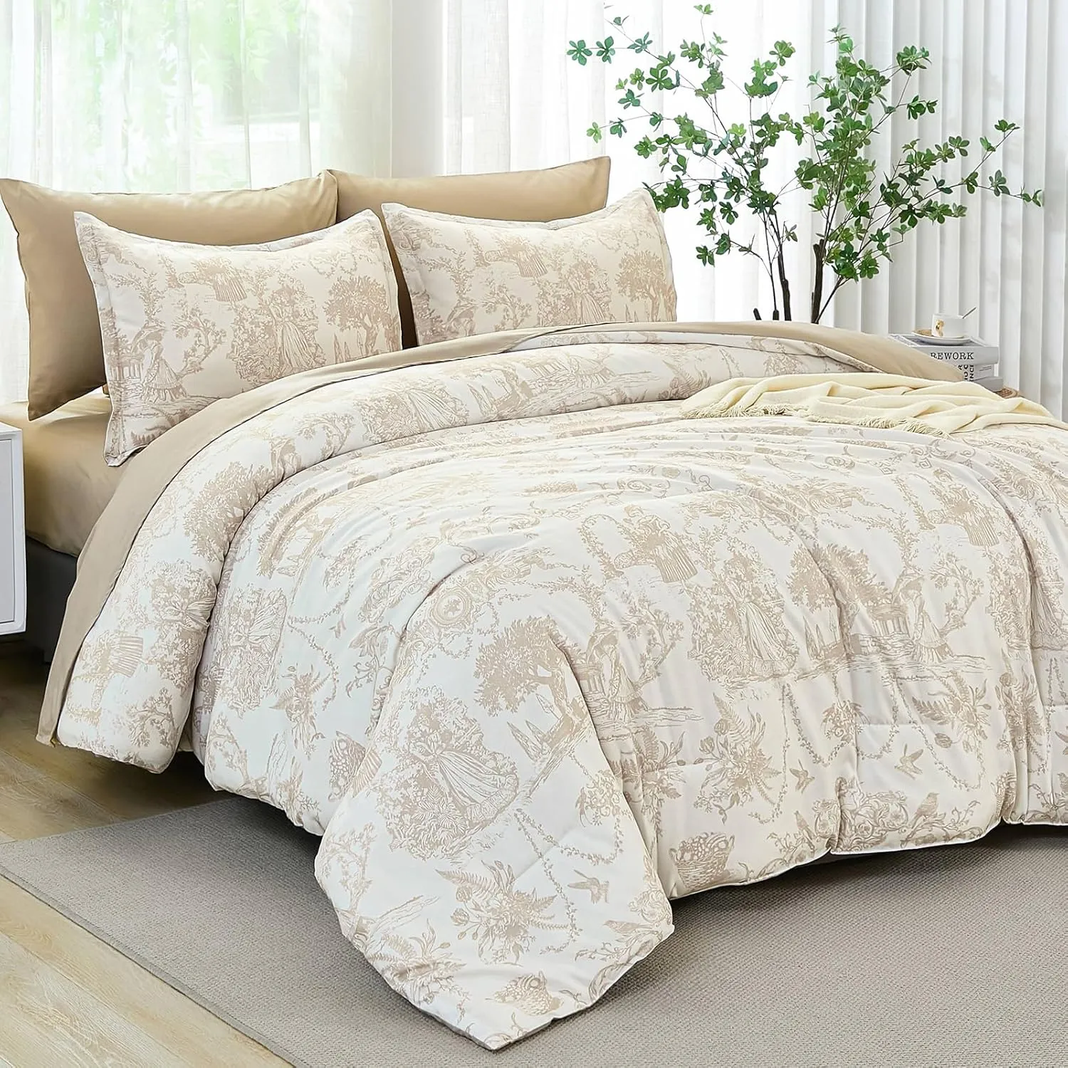 Khaki Comforter Set Queen 7 Piece Bed in a Bag Toile de Jouy Botanical Comforter with Sheet Set Soft Micorfiber Bedding Set (1 Comforter,2 Pillow Shams,1 Flat Sheet,1 Fitted Sheet,2 Pillowcases)