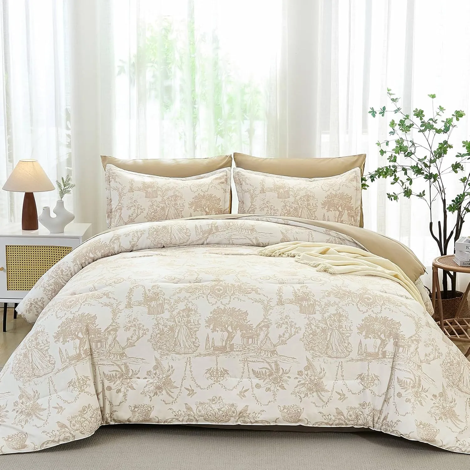 Khaki Comforter Set Queen 7 Piece Bed in a Bag Toile de Jouy Botanical Comforter with Sheet Set Soft Micorfiber Bedding Set (1 Comforter,2 Pillow Shams,1 Flat Sheet,1 Fitted Sheet,2 Pillowcases)