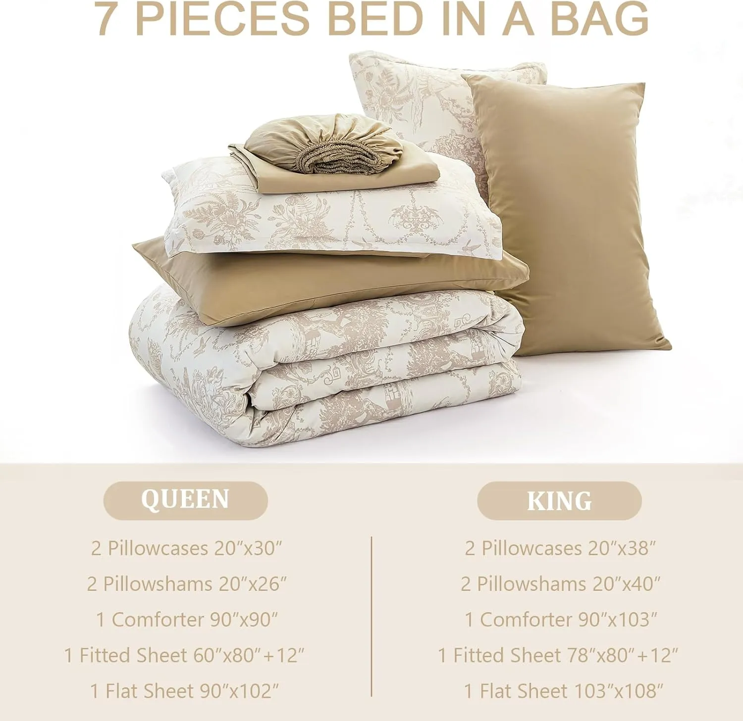 Khaki Comforter Set Queen 7 Piece Bed in a Bag Toile de Jouy Botanical Comforter with Sheet Set Soft Micorfiber Bedding Set (1 Comforter,2 Pillow Shams,1 Flat Sheet,1 Fitted Sheet,2 Pillowcases)
