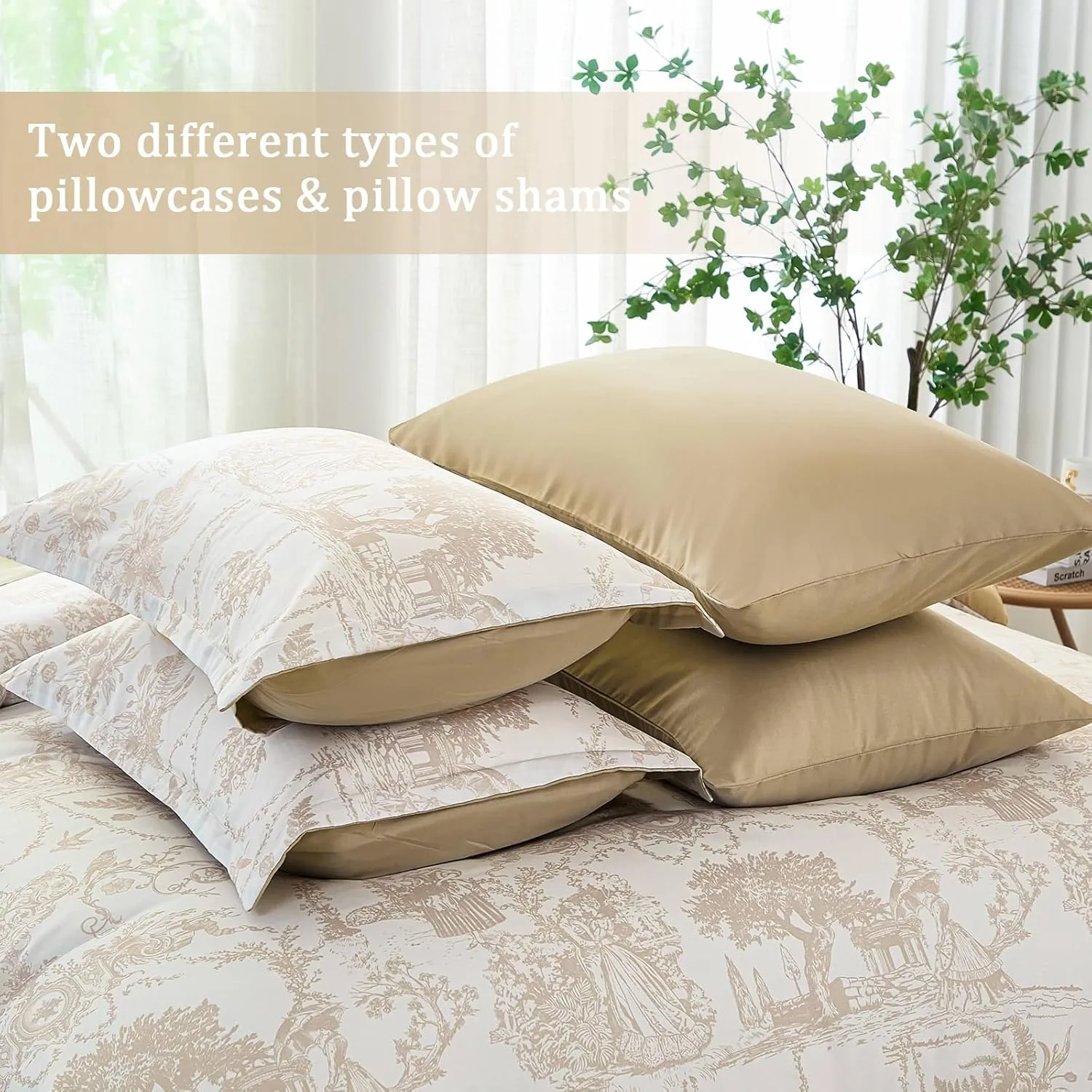 Khaki Comforter Set Queen 7 Piece Bed in a Bag Toile de Jouy Botanical Comforter with Sheet Set Soft Micorfiber Bedding Set (1 Comforter,2 Pillow Shams,1 Flat Sheet,1 Fitted Sheet,2 Pillowcases)