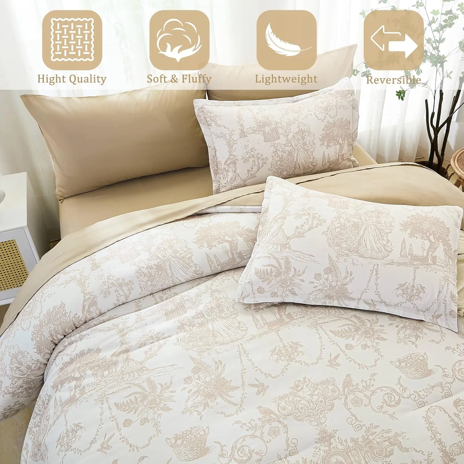 Khaki Comforter Set Queen 7 Piece Bed in a Bag Toile de Jouy Botanical Comforter with Sheet Set Soft Micorfiber Bedding Set (1 Comforter,2 Pillow Shams,1 Flat Sheet,1 Fitted Sheet,2 Pillowcases)
