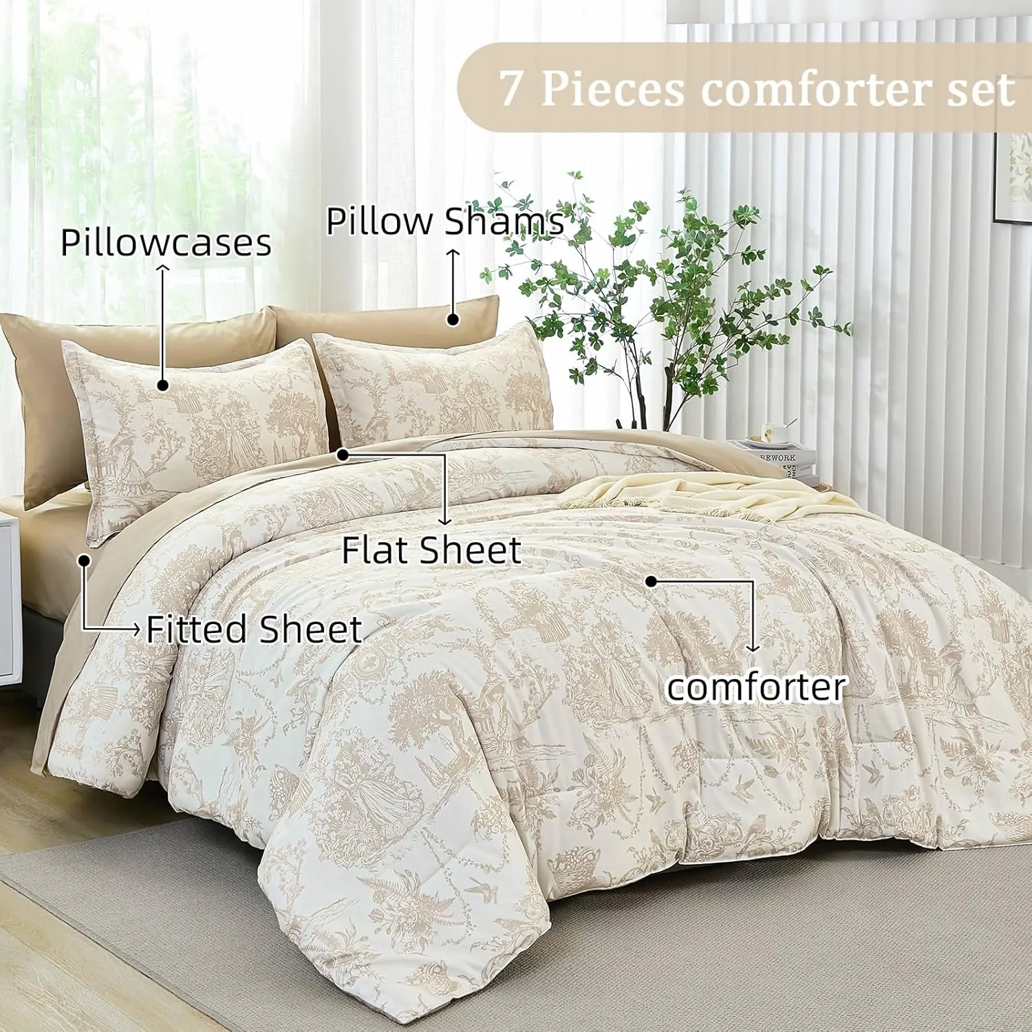 Khaki Comforter Set Queen 7 Piece Bed in a Bag Toile de Jouy Botanical Comforter with Sheet Set Soft Micorfiber Bedding Set (1 Comforter,2 Pillow Shams,1 Flat Sheet,1 Fitted Sheet,2 Pillowcases)