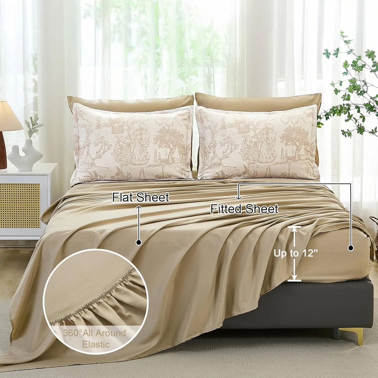 Khaki Comforter Set Queen 7 Piece Bed in a Bag Toile de Jouy Botanical Comforter with Sheet Set Soft Micorfiber Bedding Set (1 Comforter,2 Pillow Shams,1 Flat Sheet,1 Fitted Sheet,2 Pillowcases)