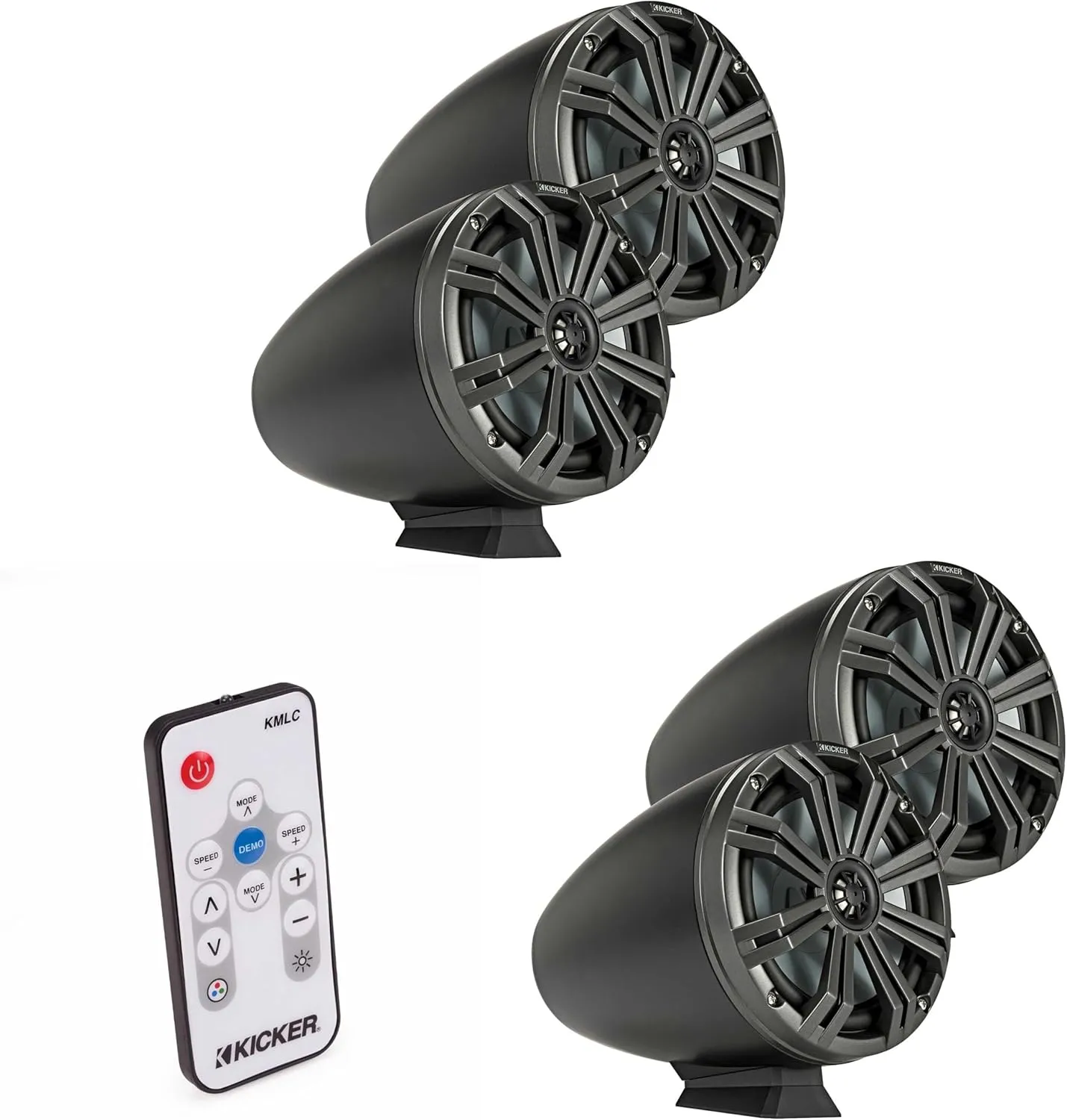 Kicker (2 Pair) KMFC8 8" Flat Mount Loaded Marine Wake Towers with 46KM84L Speakers - Charcoal Grills with Black Enclosures (Includes LED Remote)
