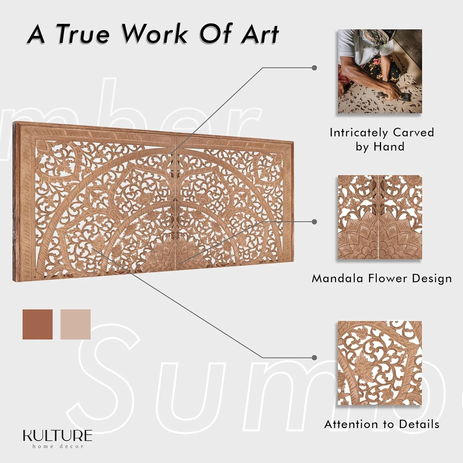 King Wood Headboard | Carved Full Headboard Only | Wooden Headboard Full Size Bed | Wall Mount Headboard King | Full Bed Headboard Panels (Cal King, Sumber, Natural)