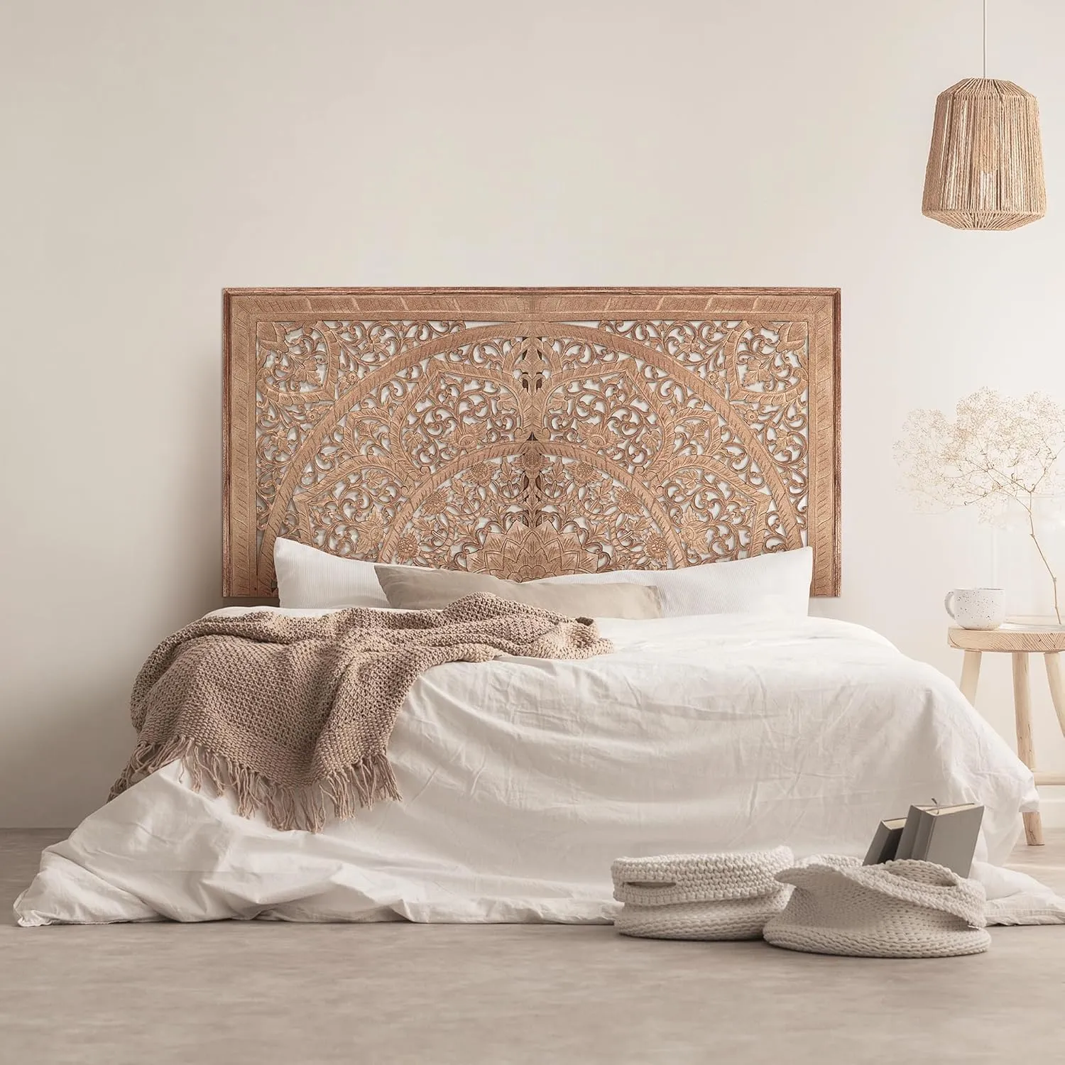 King Wood Headboard | Carved Full Headboard Only | Wooden Headboard Full Size Bed | Wall Mount Headboard King | Full Bed Headboard Panels (Cal King, Sumber, Natural)