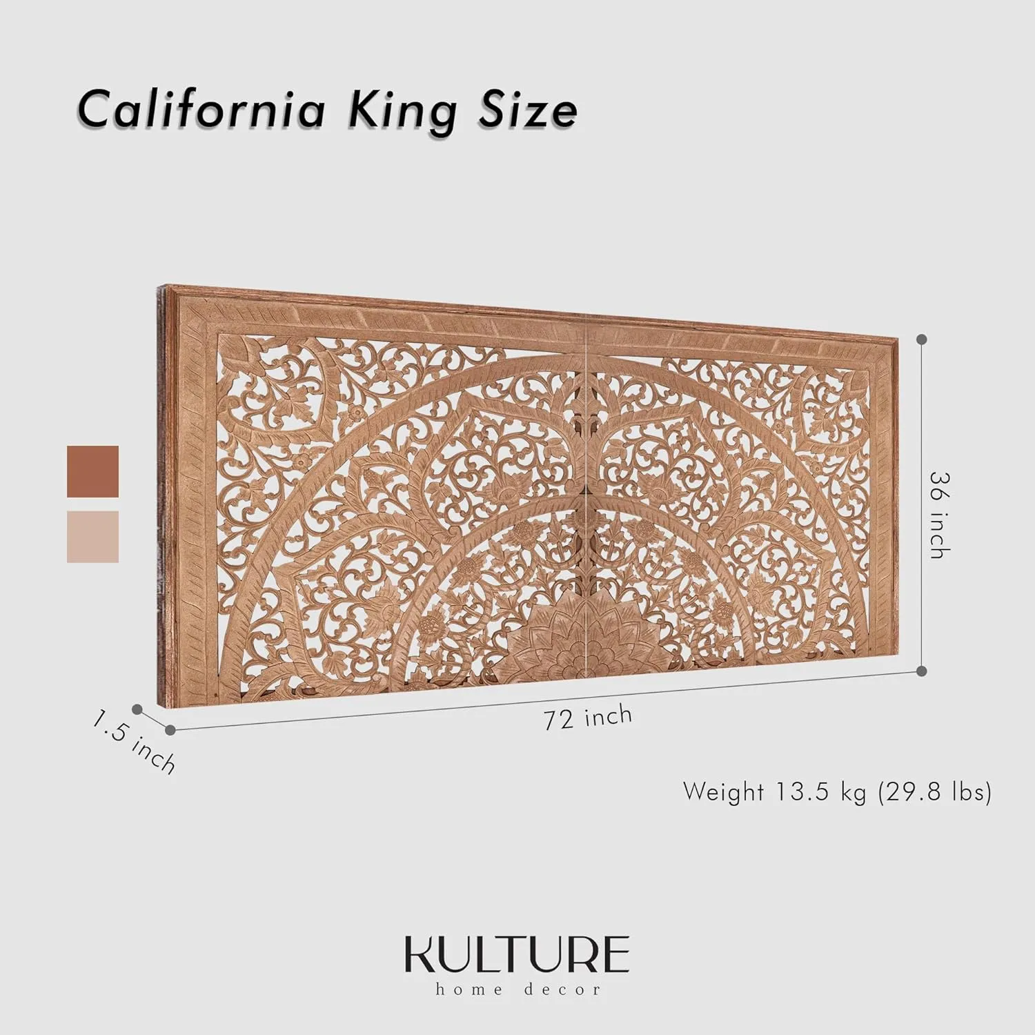 King Wood Headboard | Carved Full Headboard Only | Wooden Headboard Full Size Bed | Wall Mount Headboard King | Full Bed Headboard Panels (Cal King, Sumber, Natural)