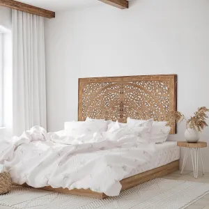 King Wood Headboard | Carved Full Headboard Only | Wooden Headboard Full Size Bed | Wall Mount Headboard King | Full Bed Headboard Panels (Cal King, Sumber, Natural)