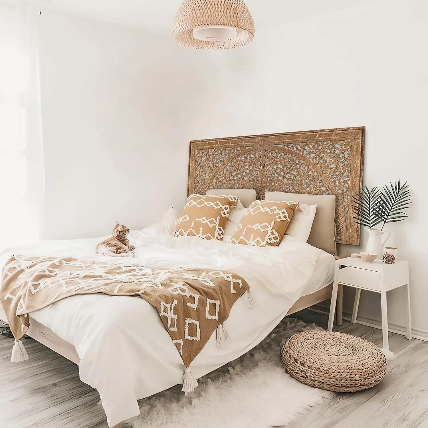 King Wood Headboard | Carved Full Headboard Only | Wooden Headboard Full Size Bed | Wall Mount Headboard King | Full Bed Headboard Panels (Cal King, Sumber, Natural)