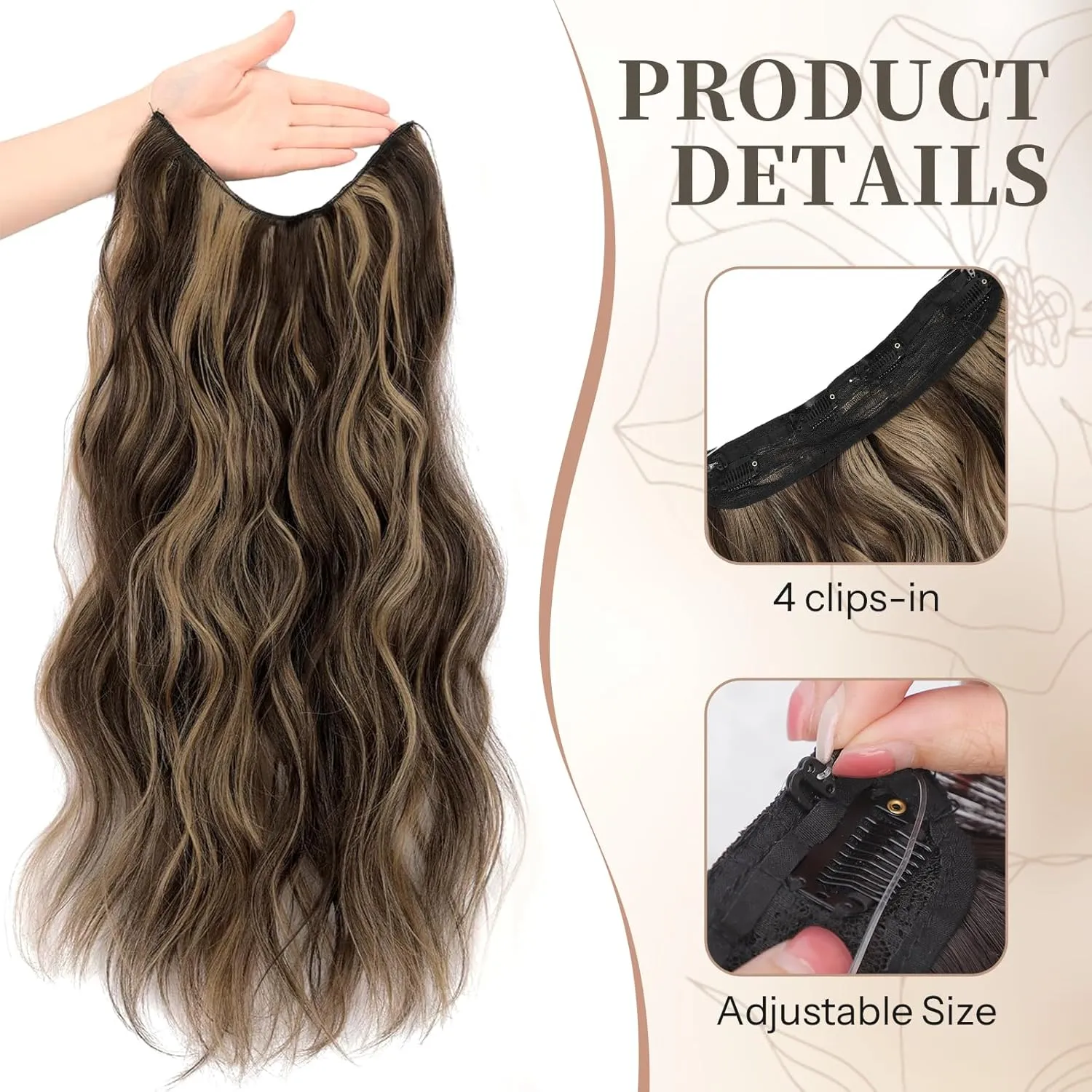 KooKaStyle Invisible Wire Hair Extensions with Transparent Headband Adjustable Size 4 Secure Clips Long Wavy Highlight Synthetic Hairpieces 20 Inch Balayage Chocolate Brown to Caramel Blonde for Women