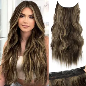 KooKaStyle Invisible Wire Hair Extensions with Transparent Headband Adjustable Size 4 Secure Clips Long Wavy Highlight Synthetic Hairpieces 20 Inch Balayage Chocolate Brown to Caramel Blonde for Women