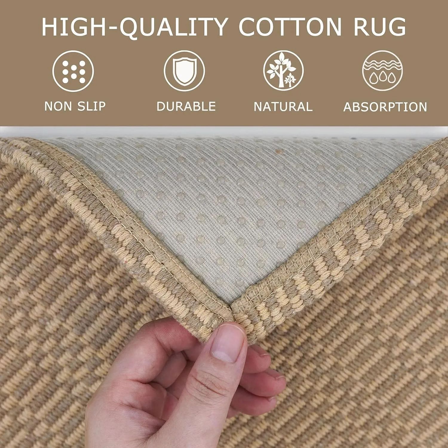 KOZYFLY Washable Runner Rug 2x6 Ft Runners for Hallways Kitchen Runners with Rubber Backing Braided Cotton Entryway Runner Indoor, Carpet for Hallway Kitchen Entryway Bedroom, Beige/Khaki