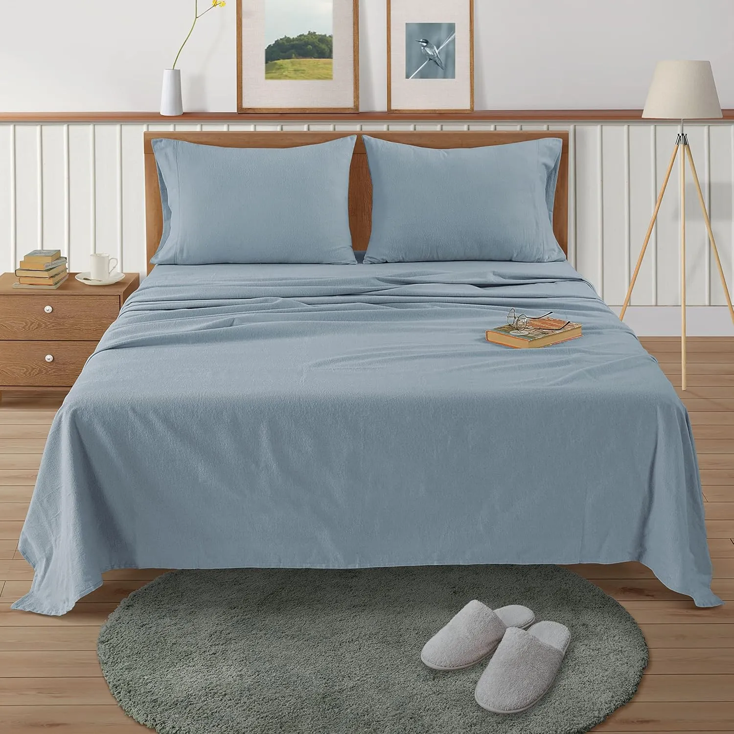LANE LINEN 100% Cotton Flannel Sheets Twin Size - Brushed for Extra Softness - Lightweight Twin Size Cotton Sheets Set - Warm & Cozy Flannel Bed Sheets, 15" Deep Pocket Twin Sheets - French Blue