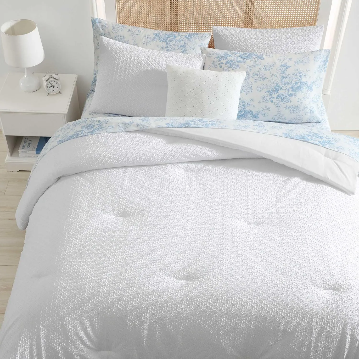 Laura Ashley - Full Comforter Set, Embossed Diamond Textured Bonus Bed Set, Includes Comforter, Shams, Bed Sheets and Decorative Pillow, Dorm Essentials (Margaret White)