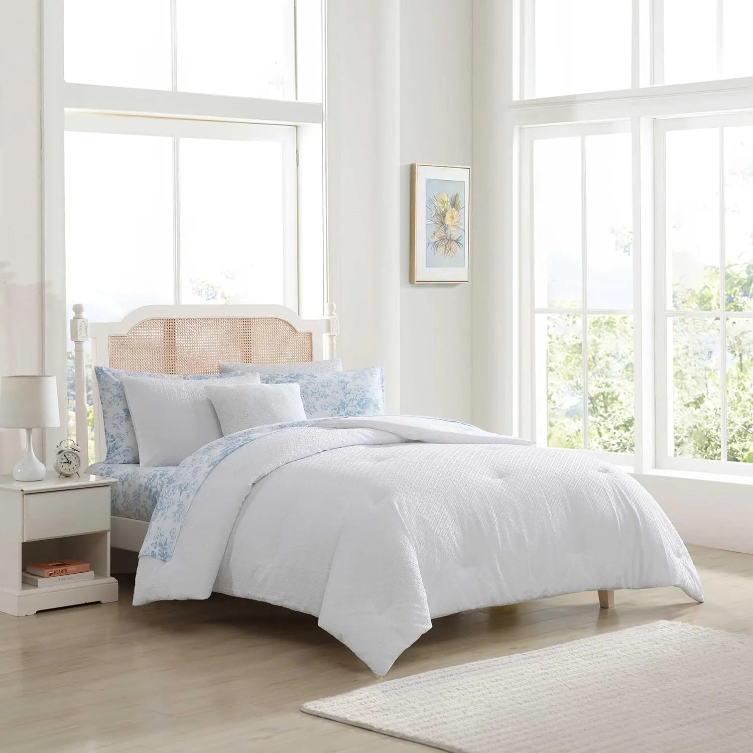 Laura Ashley - Full Comforter Set, Embossed Diamond Textured Bonus Bed Set, Includes Comforter, Shams, Bed Sheets and Decorative Pillow, Dorm Essentials (Margaret White)