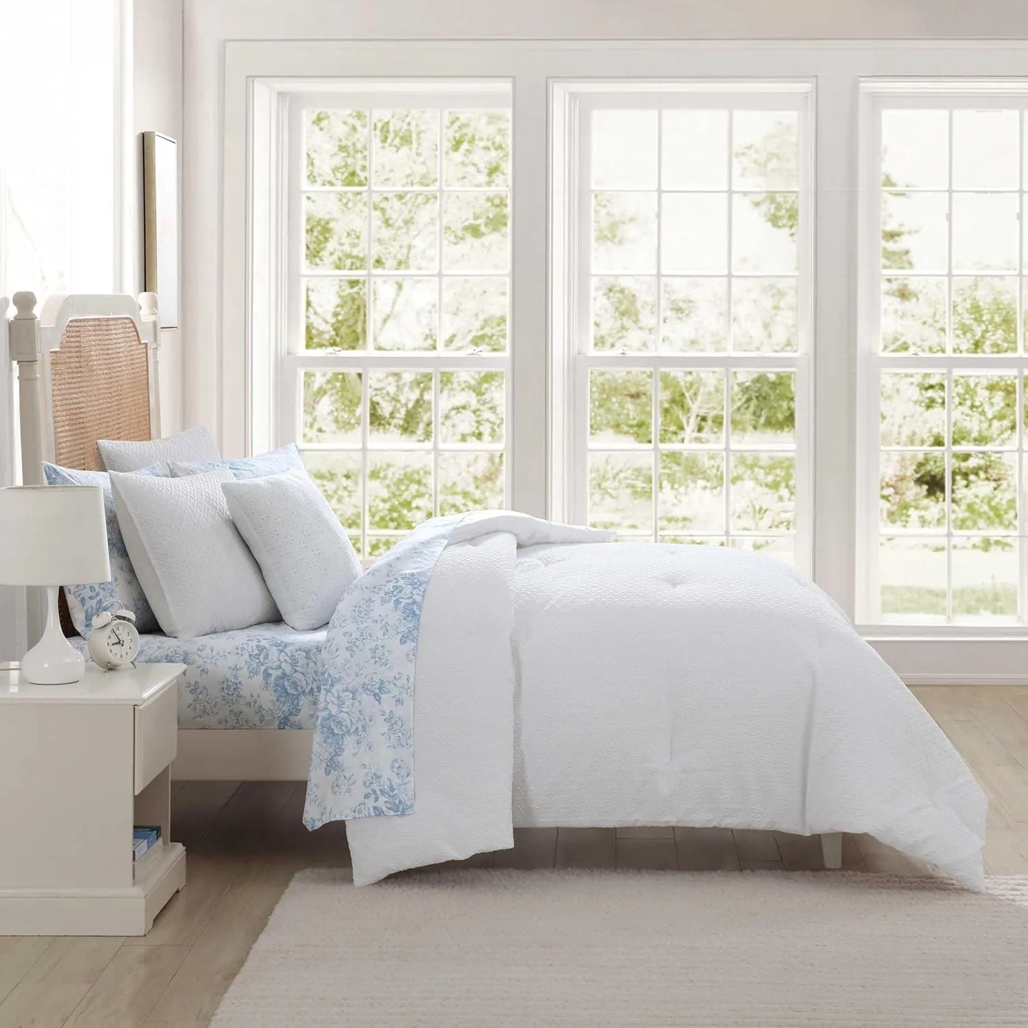 Laura Ashley - Full Comforter Set, Embossed Diamond Textured Bonus Bed Set, Includes Comforter, Shams, Bed Sheets and Decorative Pillow, Dorm Essentials (Margaret White)