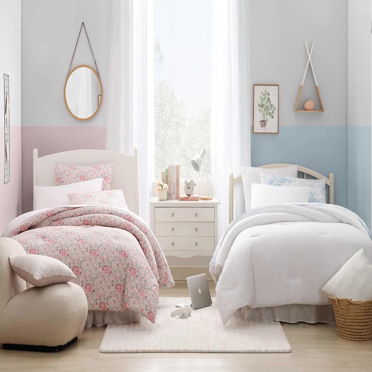 Laura Ashley - Full Comforter Set, Embossed Diamond Textured Bonus Bed Set, Includes Comforter, Shams, Bed Sheets and Decorative Pillow, Dorm Essentials (Margaret White)