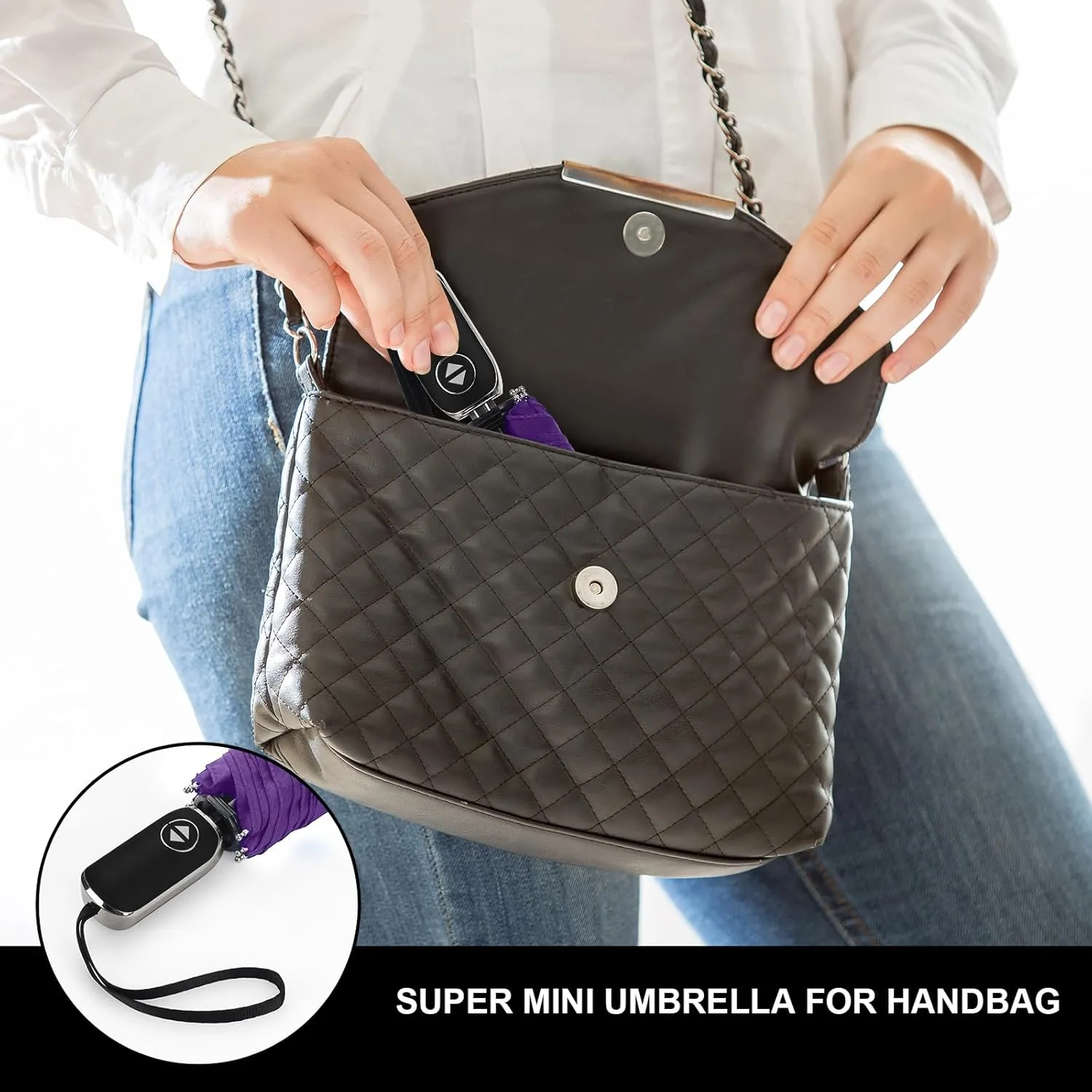 LEAGERA Compact Travel Umbrella for Purse - Flat Handle, Waterproof for Light Rain