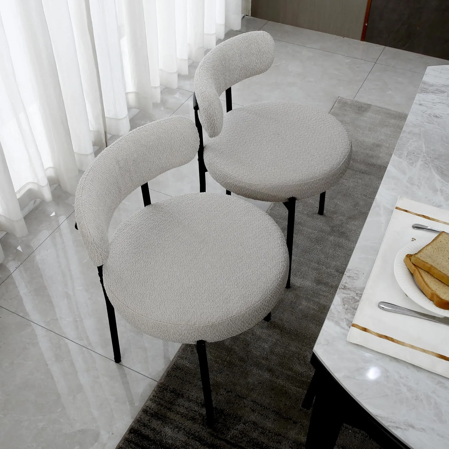 Light Grey Dining Chairs Set of 2 Round Upholstered Boucle Mid-Century Modern Dining Room Chairs with Curved Backrest and Black Metal Legs