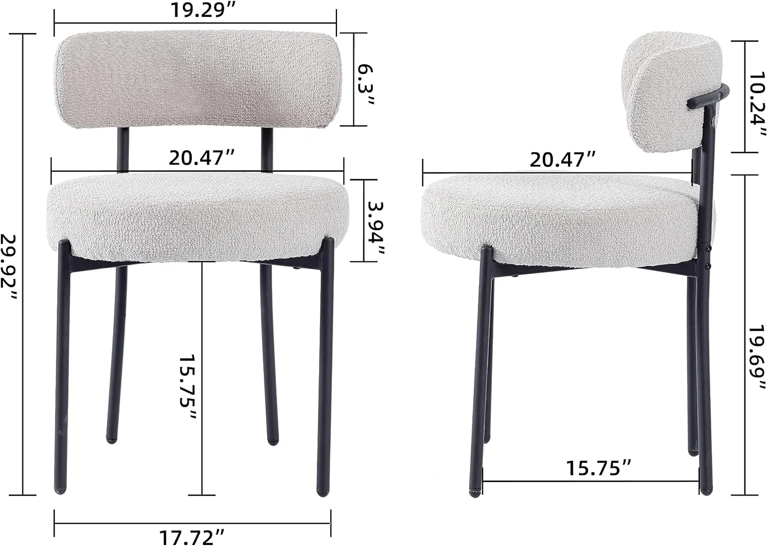 Light Grey Dining Chairs Set of 2 Round Upholstered Boucle Mid-Century Modern Dining Room Chairs with Curved Backrest and Black Metal Legs