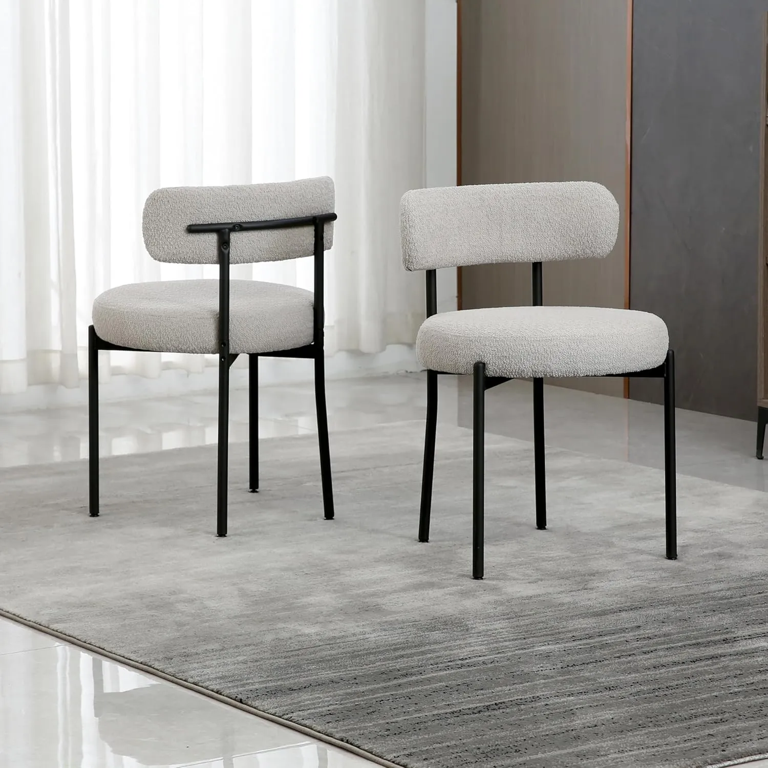 Light Grey Dining Chairs Set of 2 Round Upholstered Boucle Mid-Century Modern Dining Room Chairs with Curved Backrest and Black Metal Legs