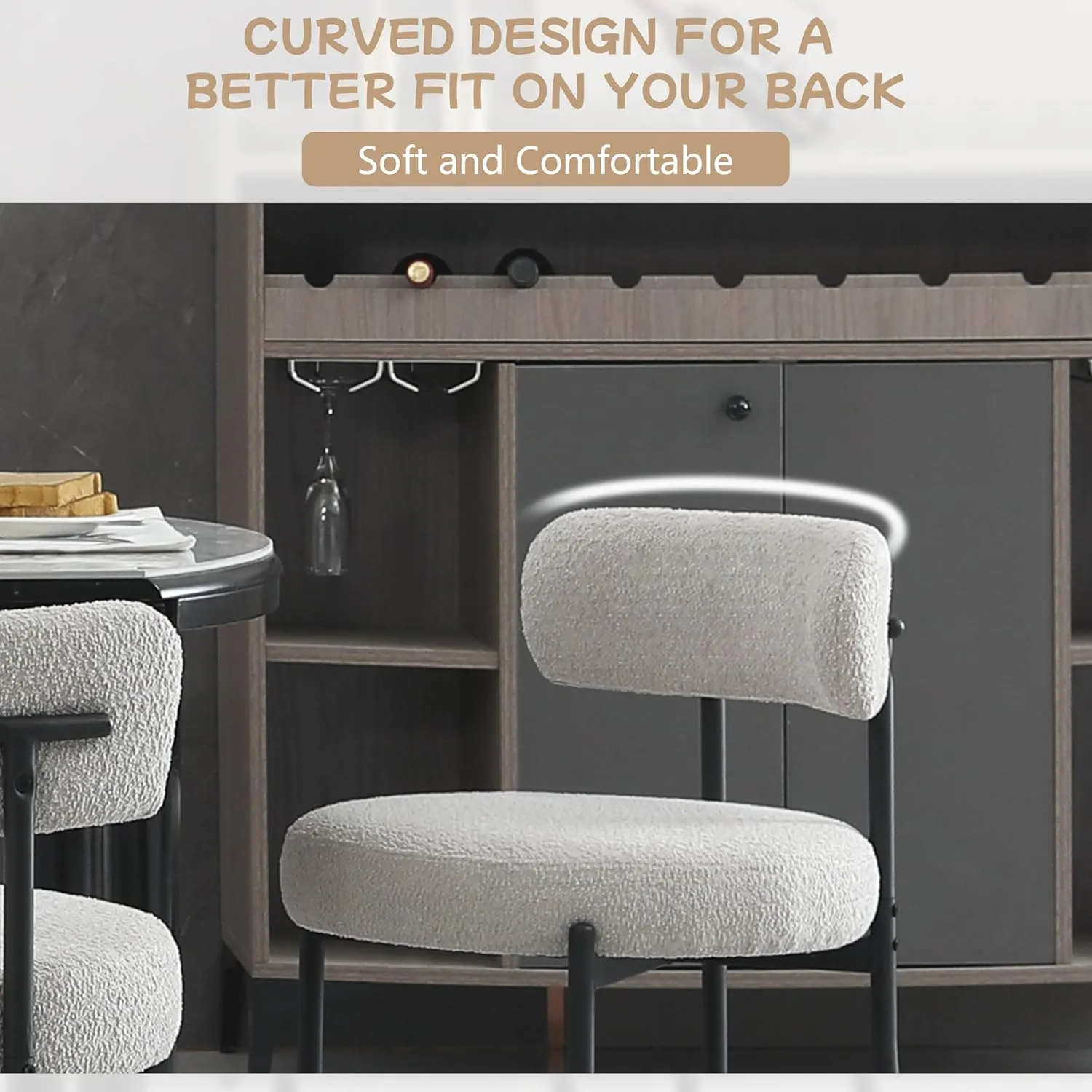 Light Grey Dining Chairs Set of 2 Round Upholstered Boucle Mid-Century Modern Dining Room Chairs with Curved Backrest and Black Metal Legs