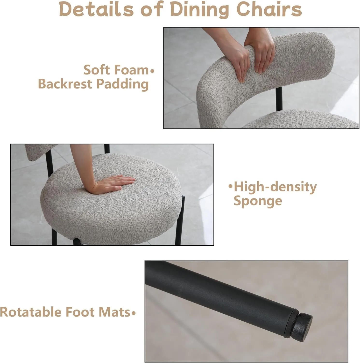 Light Grey Dining Chairs Set of 2 Round Upholstered Boucle Mid-Century Modern Dining Room Chairs with Curved Backrest and Black Metal Legs