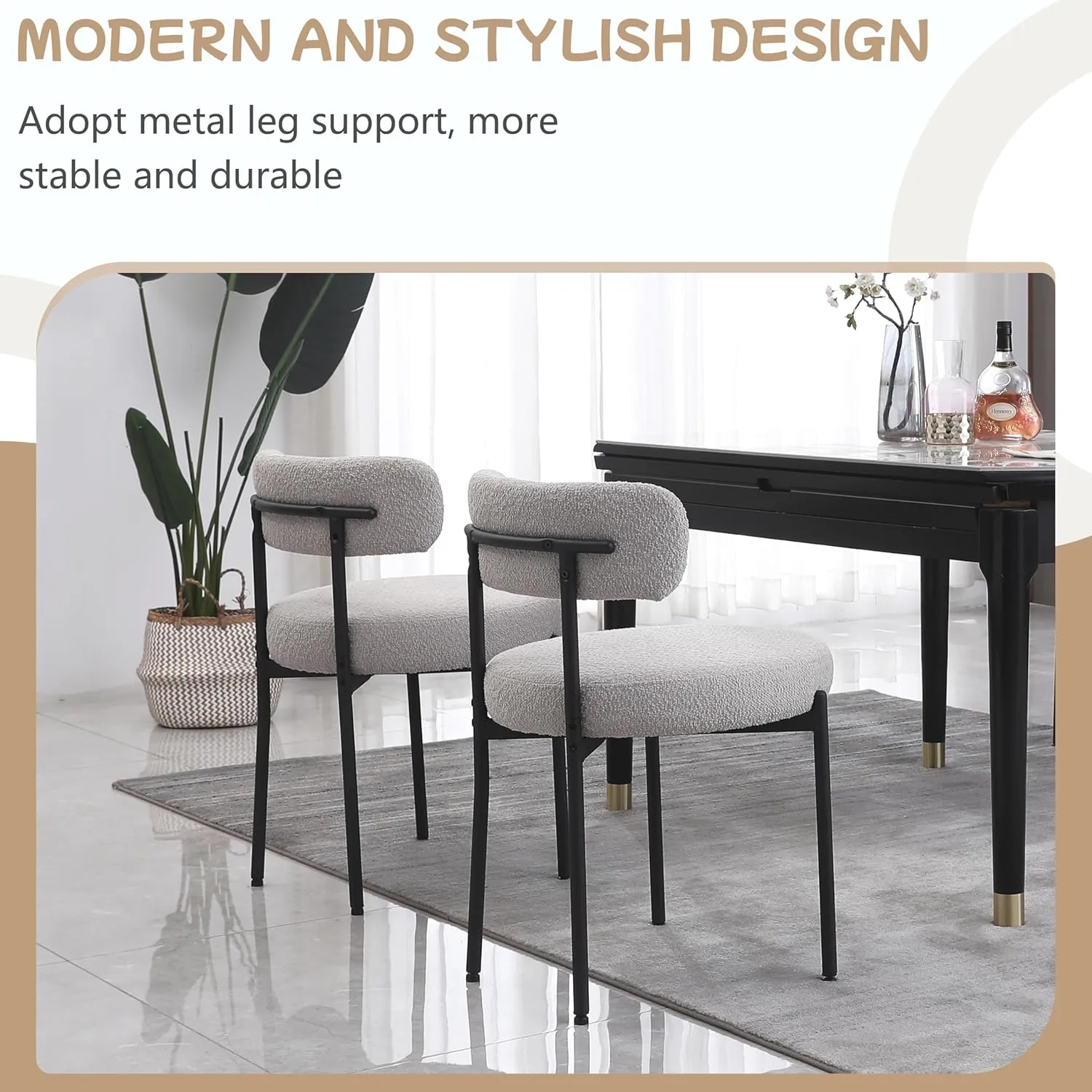 Light Grey Dining Chairs Set of 2 Round Upholstered Boucle Mid-Century Modern Dining Room Chairs with Curved Backrest and Black Metal Legs