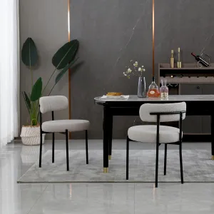 Light Grey Dining Chairs Set of 2 Round Upholstered Boucle Mid-Century Modern Dining Room Chairs with Curved Backrest and Black Metal Legs