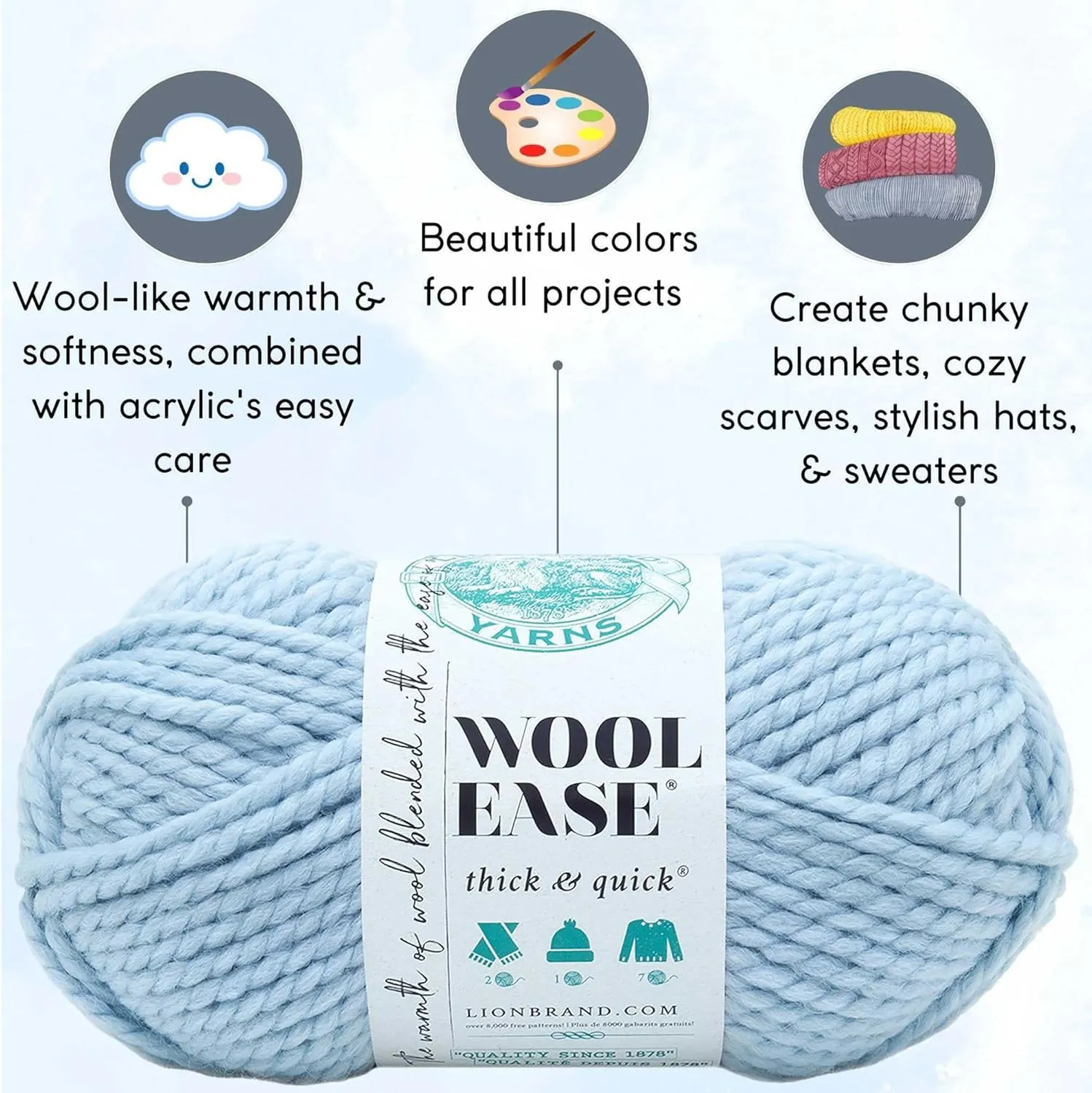 Lion Brand Wool Ease Thick & Quick Glacier 640-105 (3-Skeins - Same Dye Lot) #6 S Bulky Acrylic-Wool Yarn for Crocheting and Knitting with Project Bag