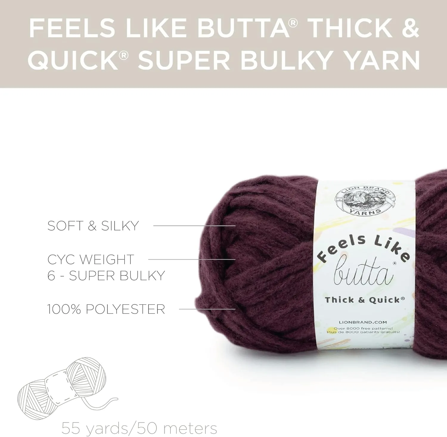 Lion Brand Yarn Feels Like Butta Thick & Quick Super Bulky Yarn for Knitting, 3 Pack, Vineyard Wine
