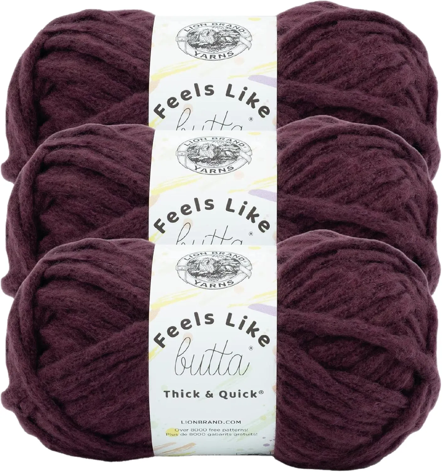 Lion Brand Yarn Feels Like Butta Thick & Quick Super Bulky Yarn for Knitting, 3 Pack, Vineyard Wine