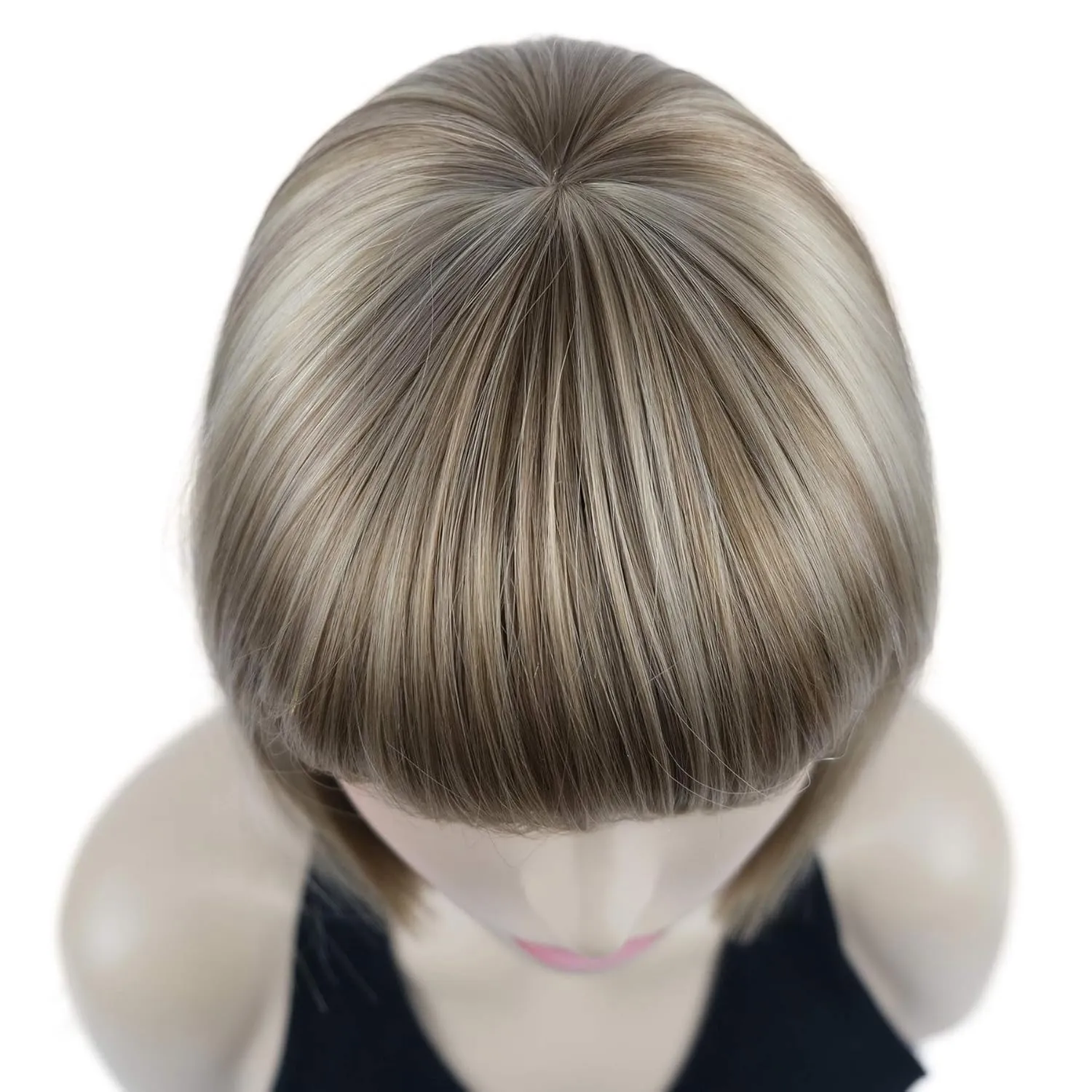 Lydell 8" Straight Short Bob Hair Flat Bangs Cute Central Dot Skin Top Heat Resistant Synthetic Wigs (14-24 Lt Golden Brown)