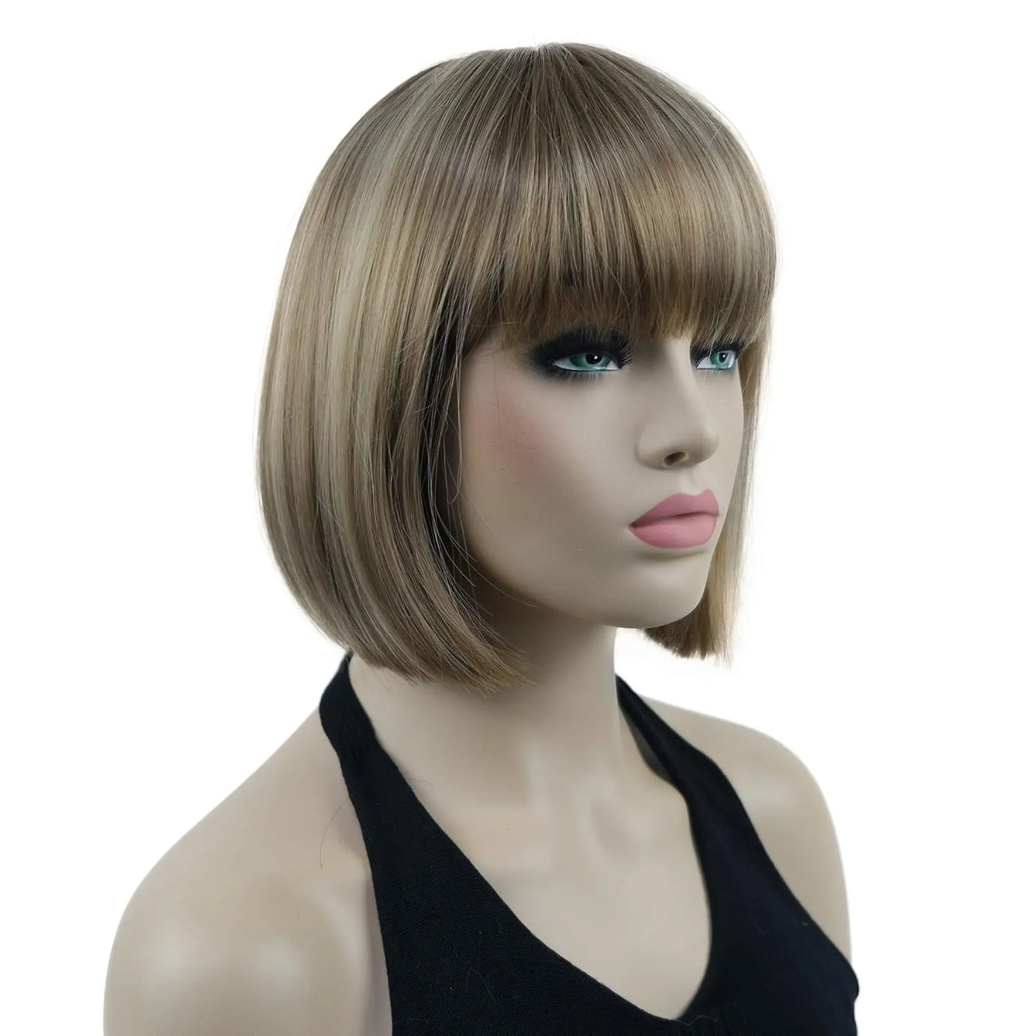 Lydell 8" Straight Short Bob Hair Flat Bangs Cute Central Dot Skin Top Heat Resistant Synthetic Wigs (14-24 Lt Golden Brown)