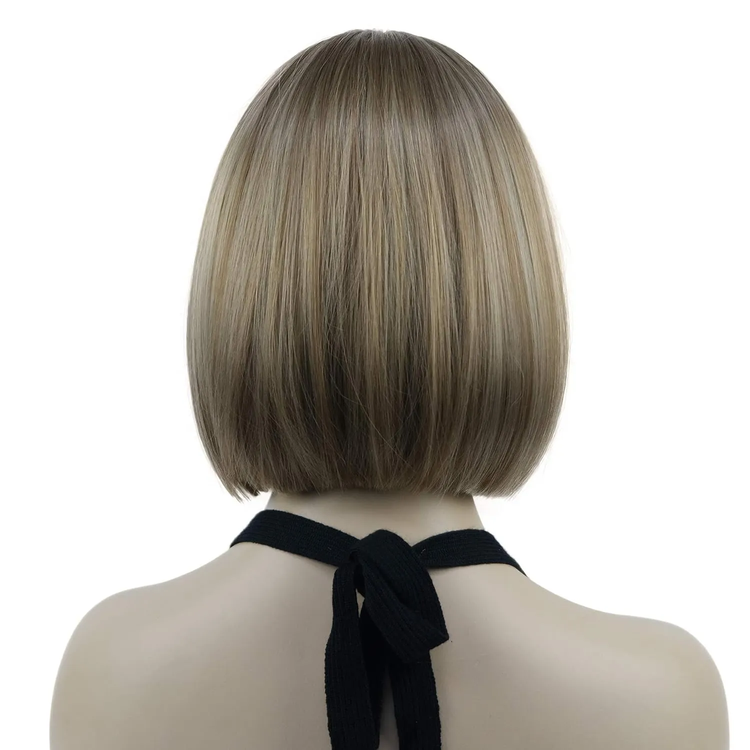 Lydell 8" Straight Short Bob Hair Flat Bangs Cute Central Dot Skin Top Heat Resistant Synthetic Wigs (14-24 Lt Golden Brown)