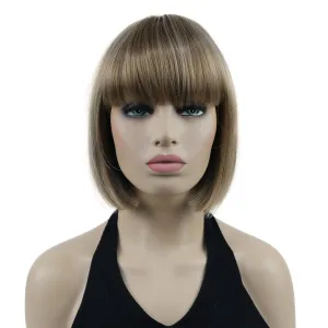 Lydell 8" Straight Short Bob Hair Flat Bangs Cute Central Dot Skin Top Heat Resistant Synthetic Wigs (14-24 Lt Golden Brown)