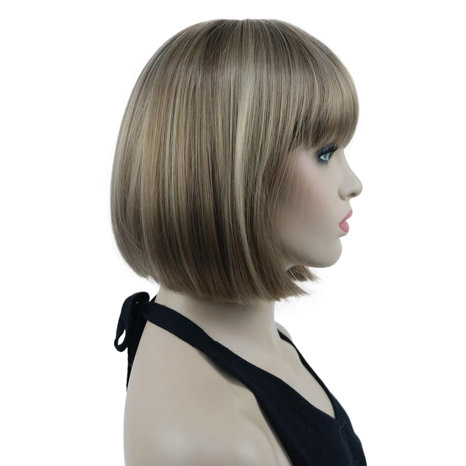 Lydell 8" Straight Short Bob Hair Flat Bangs Cute Central Dot Skin Top Heat Resistant Synthetic Wigs (14-24 Lt Golden Brown)