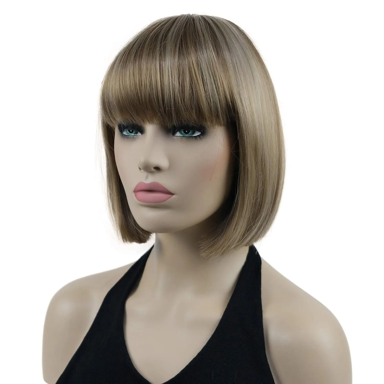 Lydell 8" Straight Short Bob Hair Flat Bangs Cute Central Dot Skin Top Heat Resistant Synthetic Wigs (14-24 Lt Golden Brown)