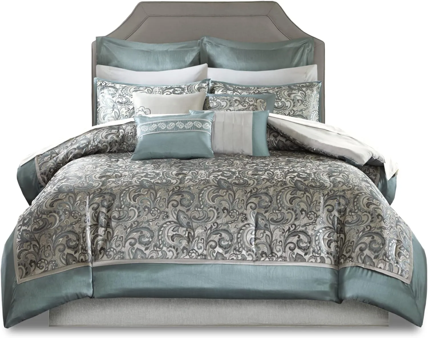 Madison Park Essentials Brystol 24 Piece Room in a Bag Faux Silk Comforter Jacquard Paisley Design Matching Curtains Down Alternative Hypoallergenic All Season Bedding-Set, King (104 in x 92 in), Teal