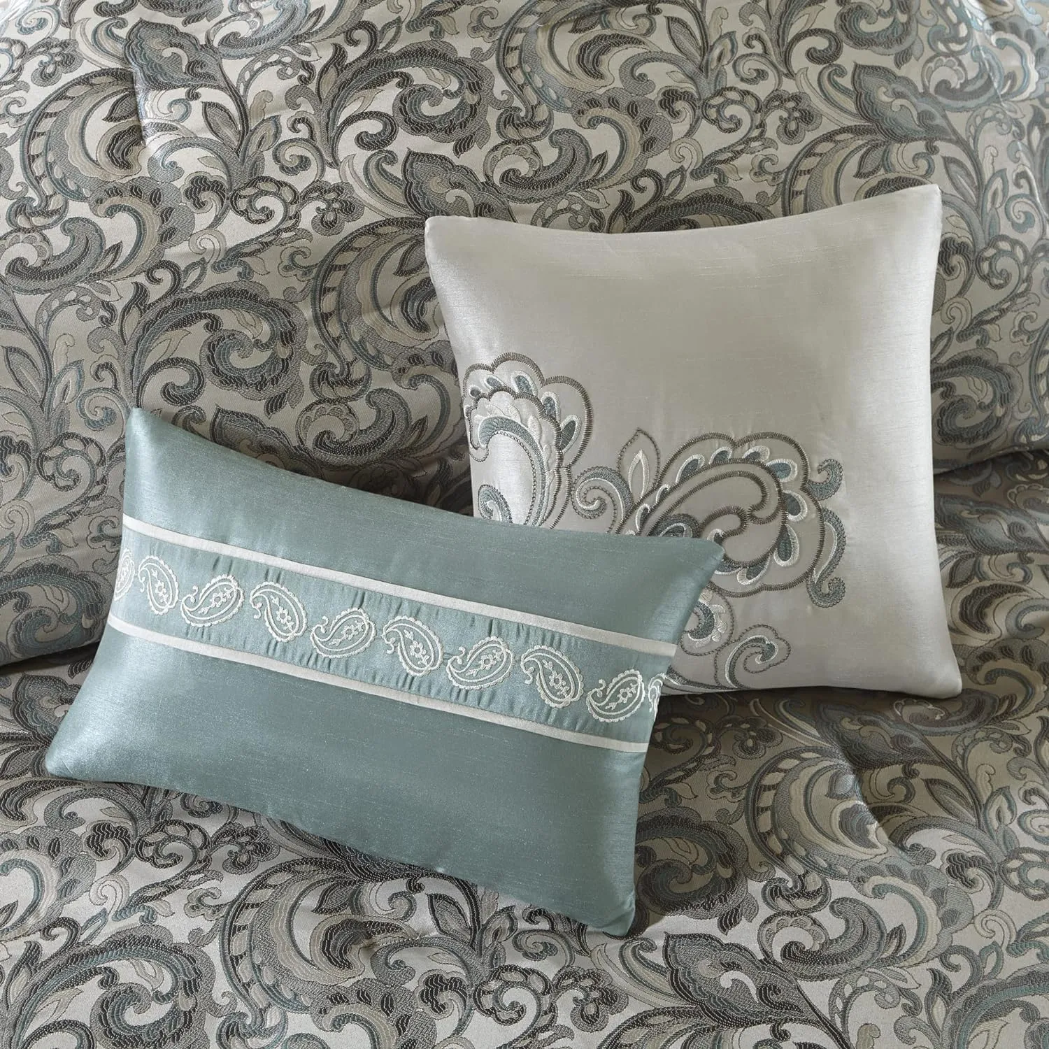 Madison Park Essentials Brystol 24 Piece Room in a Bag Faux Silk Comforter Jacquard Paisley Design Matching Curtains Down Alternative Hypoallergenic All Season Bedding-Set, King (104 in x 92 in), Teal