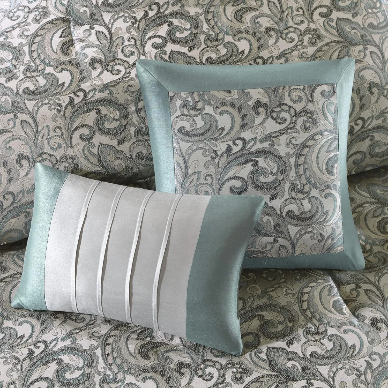 Madison Park Essentials Brystol 24 Piece Room in a Bag Faux Silk Comforter Jacquard Paisley Design Matching Curtains Down Alternative Hypoallergenic All Season Bedding-Set, King (104 in x 92 in), Teal